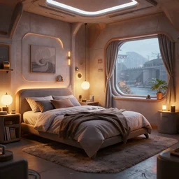a hyperrealist photography of a futuristic cozy bedroom by greg rutkowski and james jean, octane render, artstation, masterpiece