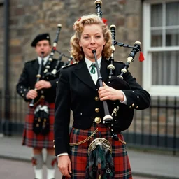 the image is a lost hollywood kodachrome film still photograph of in this image, a beautiful scottish actress from the 1 9 5 0 s. she is wearing a traditional scottish kilt and has a bagpiper playing in the background. the actress has a very kind and welcoming expression on her face. vibrant cinematography, anamorphic lenses, upscale, hyper realistic photo, crisp, detailed image in 8