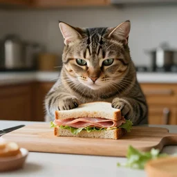 a cat makes a ham sandwich in a kitchen, 85mm f1.8
