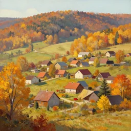 naive art autumn villlage