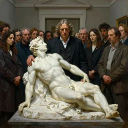 a painting by francis bacon of a crowd around a sculpture of a deformed human body in the middle of a museum