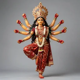 Professional studio long shot photography of goddess Kali in 10 armed ekamukhi form. Kali has 10 arms. She wears gloves.