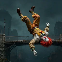 clown falling from a bridge, concept art, artstation, realistic photo, dark, highly detailed, 4 k
