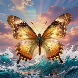 a stunning ultra detailed surreal fine art illustration of a large butterfly riding a wave, by rob gonsalves, 2 4 mm lens, artstation, 8 k, golden ratio composition, very detailed, glowing wings, colorful sky, turquoise waves