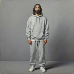a portrait of modern day jesus wearing hypebeast streetwear hoodie and pants by nicola samori, oil painting, realistic, 8 k, fear of god style