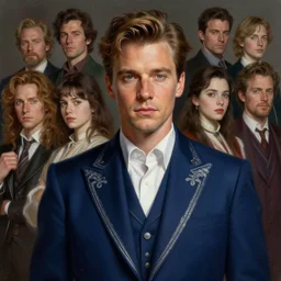 full - length portrait of young gregory peck, dressed in a navy blue suit with silver embroidered details, detailed face, fantasy, cinematic lighting, digital art painting, fine details by realistic shaded lighting poster by ilya kuvshinov katsuhiro otomo, magali villeneuve, artgerm, jeremy lipkin and michael garmash and rob rey
