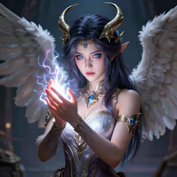 beautiful necromancer girl, angels, wonderful eyes, three - dimensional rendering, hyperrealistic detailed portrait holding light and electricity, ruan jia, clap. scifi, fantasy, magic the gathering, over - detailed, octane rendering, concept art by artgerm, peter murbacher, detailed and complex environment