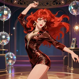 a beautiful dancer with red hair in 1970's fashion, disco room background, intricate, highly detailed, digital painting, artstation, official media, anime key visual, concept art, rich vivid colors, ambient lighting, sharp focus, illustration, art by Ayami Kojima