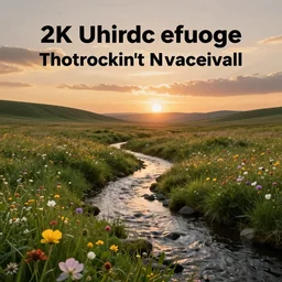 beutiful brook and flowers on grassland, sunset, very wide view, atmospheric, hyper realistic, photography, 8k, epic composition, award winning, cinematic, unreal engine, artstation
