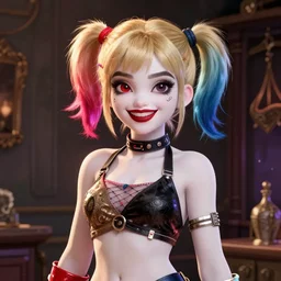 lofi biopunk portrait of harley quinn in bikini, Pixar style, by Tristan Eaton Stanley Artgerm and Tom Bagshaw.