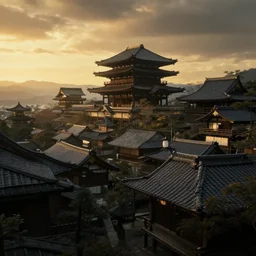 gloomy japanese medieval village temple landscape, golden hour, dramatic lighting, cinematic, establishing shot, extremly high detail, photo realistic, cinematic lighting, post processed, concept art, artstation, matte painting, style by Kentaro Miura