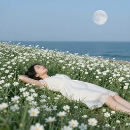 girl lying in a field of flowers, surrounded by white flowers, the sky is the moon, the ground is the sea, clouds and smoke, the girl is wearing a long white dress, the picture is retro, strong decorative style ， by amano yoshitaka