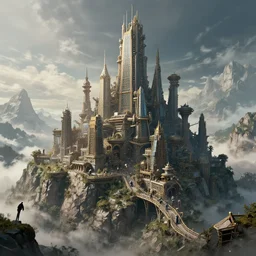a steampunk city on the top of a mountain by Greg Rutkowski, Sung Choi, Mitchell Mohrhauser, Maciej Kuciara, Johnson Ting, Maxim Verehin, Peter Konig, final fantasy , 8k photorealistic, cinematic lighting, HD, high details, atmospheric , trending on artstation