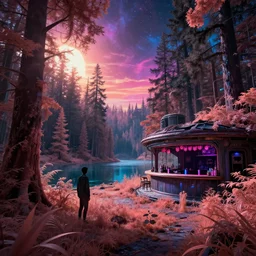 abandoned by peter doig, evil forest retrowave bladerunner 2 0 4 9 magic realism sci - fi darkacademia neon noir sunlight sunset tundra lake landscape cosmic otherworldly nature infrared junglepunk at spring dieselpunk thermal imaging tron vice city extraterrestial fantasy futuristic meadow scumm bar, archdaily, wallpaper, highly detailed, trending on artstation.