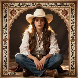 cowboy sitting cross legged, persian folkore artstyle, calligraphy border