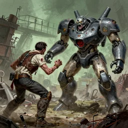 a zombie vs mecha battle, art by geoff darrow, high quality, extremely detailed, wimmelbilder, - c 1 3. 0
