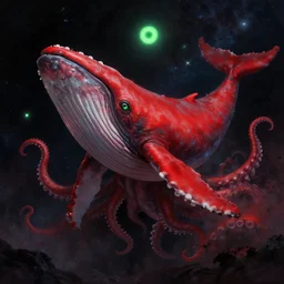 red whale god with 3 green glowing eyes and tentaclesin the space, lovecraftian like.