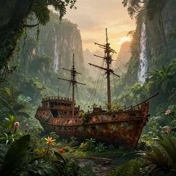 a rusty ethereal ghost shipwreck in a prehistoric jungle, lush flora, waterfall, towering mountains, flowers, vines, sunset, hazy, volumetric lighting, rtx on, washed out colors, an award winning digital render, beautiful, stunning, ultradetailed, great composition