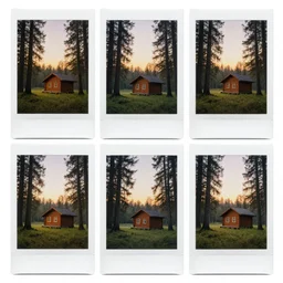 polaroid collage of a sunrise in a forest with a wood cabin