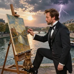 mcgregor is dressed as a gentleman at early 2 0 th century paris. he is watching an easel. that easel has a canvas on it. ewan mcgregor has a brush on his hand. he is painting a painting. there is a small brown cat with yellow eyes on ewan mcgregors feet. on background has river seine, morning sun, dark clouds, lightning, matte painting