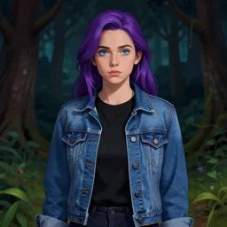 realistic depiction of abigail from stardew valley wearing black shirt under blue denim jacket, standing in a darkened forest, purple hair, blue eyes, art by tan zi and artgerm and alphonse mucha and peter mohrbacher