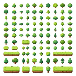 A game assets spritesheet by dofus by artgem lu .  HD vector Containing modular props,  terrain, trees, 2d side view, platform, vector art, very detailed