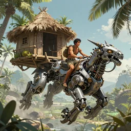 an concept art illustration, fantasy, an asian man riding on a large floating mechanical motor biome, coconut hut shack undergrowth, natural light, style by wlop, trending in artstation, cgsociety, octane render, ultra sharp, 8 k