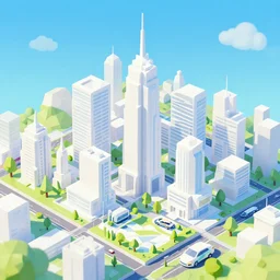 isometric low poly city landscape of a lush and bright futuristic city, full of white buildings and futuristic cars, bright blue sky