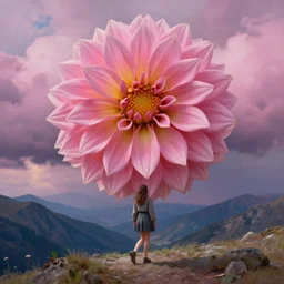 giant dahlia flower crown face, girl walking on mountain, surreal photography, pink storm clouds, dramatic light, impressionist painting, digital painting, artstation, simon stalenhag