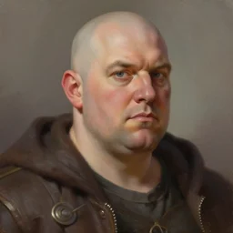 a head - on detailed oil portrait of a handsome round - faced bald man, by charlie bowater, lise deharme, wlop, trending on artstation, dungeon and dragons art, critical role