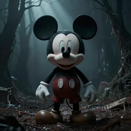 A demon that looks like Mickey Mouse, photorealistic, film still, desolate, terrifying, weird, strange, odd, uncanny, horrifying, horrific, spine-chilling, sinister, menacing, ominous, threatening