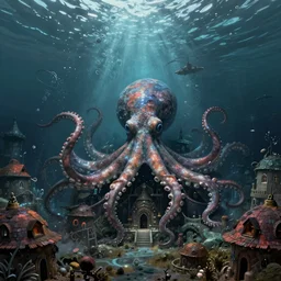 lovecraftian octopus village. underwater. octopus houses. lovecraftian cthulhu. beneath the sea. matte painting. artstation. deviantart. digital painting.