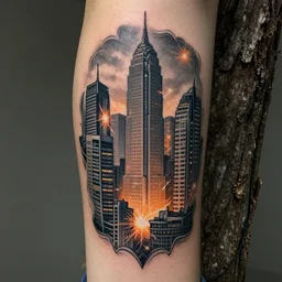 intricate buildings tatoos, sparks, tree bark, photorealistic, hd, trending on artstation