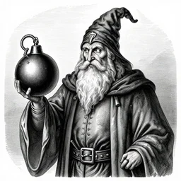 wizard with beard, holding a bomb, dnd, high detail, fantasy, in the style of vintage antique illustration and line drawing or engraving - c 9. 0