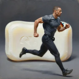 highly detailed oil painting of Paul Heyman running away from a white bar of soap