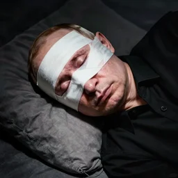 in the style of gottfried helnwein. a sleeping valdimir putin, his eyes are tied with a bandage.