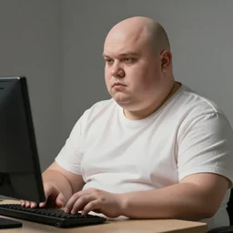 fat ugly bald man using a computer