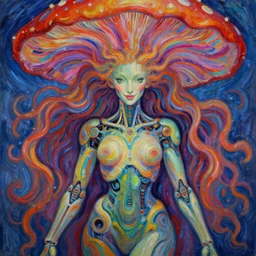 perfectly centered portrait, front view of a beautiful biomechanical fractal mushroom goddess, female, flowing hair, intense stare, sweet smile, symmetrical, concept art, intricate detail, volumetric shadows and lighting, psychedelic colors, vibrant, realistic oil painting by vincent van gogh