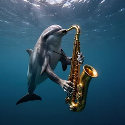Dolphin playing saxophone underwater by Trent Parke, clean, detailed, high contrast, Magnum photos