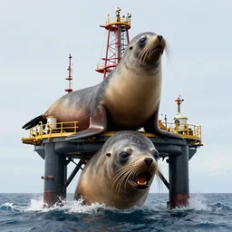 a toxic oil rig mounted on the head of a anguished south american fur seal, by gerard justin, highly detailed, zoom out, general plane, sharp focus