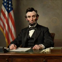 portrait of the united states president, suit and tie, sitting at the resolute desk, he resembles abraham lincoln, oil on canvas by william sidney mount - 1 9 9 8, trending on artstation