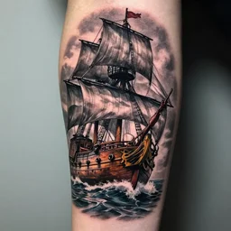 realism tattoo design of a pirate ship, by Matteo Pasqualin tattoo artist
