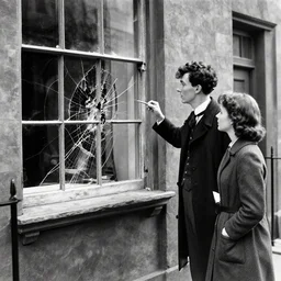 Sherlock Holmes and his assistant Emma Watson investigating a broken window (1966)