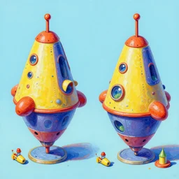 isometric bulbous spaceship model in gouache detailed bright funny paintings rotated left rotated right props stylised