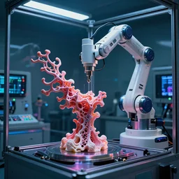 a complex bifurcated fractal thick robotic cnc surgical arm cybernetic symbiosis hybrid mri 3 d printer machine making organic ceramic fractal forms in a glass room laboratory room with control panels, multi colored dramatic hdri lighting, film still from cyberpunk movie,