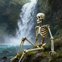 a skeleton sitting near a waterfall, magical, fantasy, digital art, trending on artstation