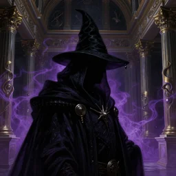 a close - up view portrait of a silhouetted supernatural wizard in baroque neoclassicist halls with metallic alien technology. close - up view, detailed textures. glowing purple fog, dark black background. highly detailed fantasy science fiction painting by moebius, norman rockwell, frank frazetta, and syd mead. rich colors, high contrast