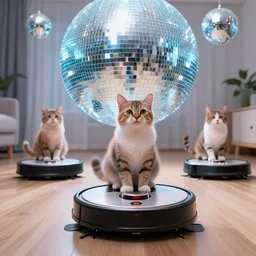 multiple roomba robot cleaners with an ragdoll - cat sitting on each roomba, low angle, riding towards camera, dynamic, motion blur, disco