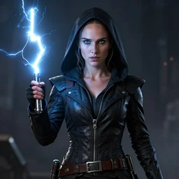 natalie portman as a sith in a black hooded jacket holding a lightning bolt, a detailed digital art, artstation, cg society, shock art, reimagined by industrial light and magic, flickering light