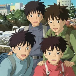 a film still japanese boys playing in a city park, winter, finely detailed features, closeup at the faces, perfect art, dramatic light, trending on pixiv fanbox, painted by greg rutkowski makoto shinkai takashi takeuchi studio ghibli, akihiko yoshida